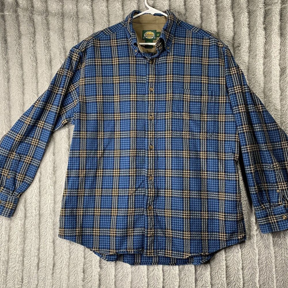 Cabelas Button Down Long Sleeve Plaid Shirt Mens L Reg Blue